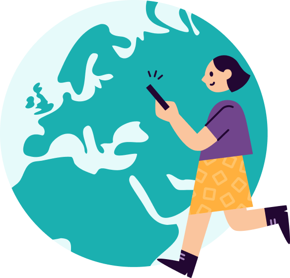 Cartoon woman looking at a phone with an image of the globe behind her