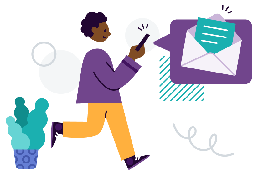 Image of a cartoon person walking, looking at their phone as a message arrives