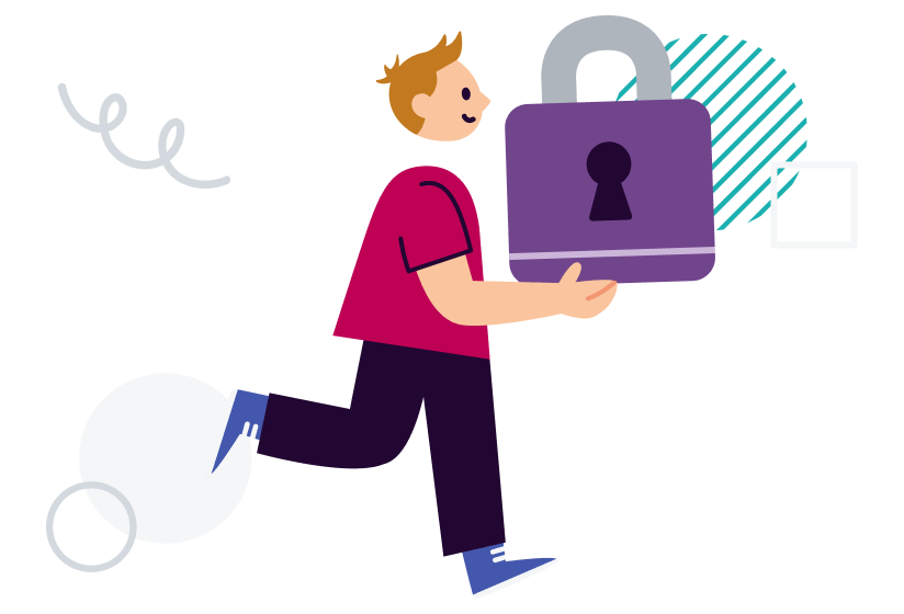 Image of a man holding a giant lock, representing platform security