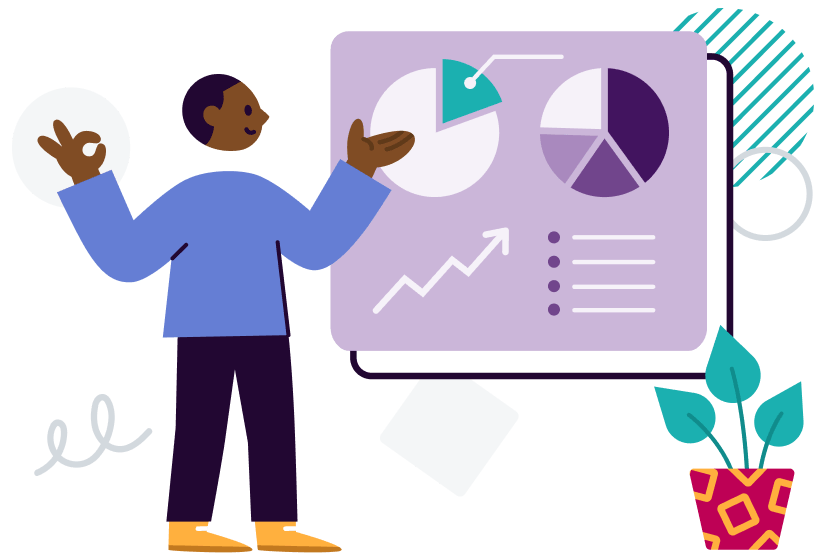 Image of a cartoon man standing next to a dashboard depicting graphs with an upward curve