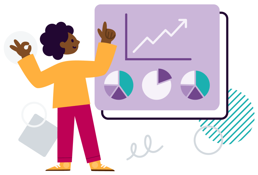 Cartoon woman standing in front of a dashboard with pie charts and graphs on it, representing a marketing campaign