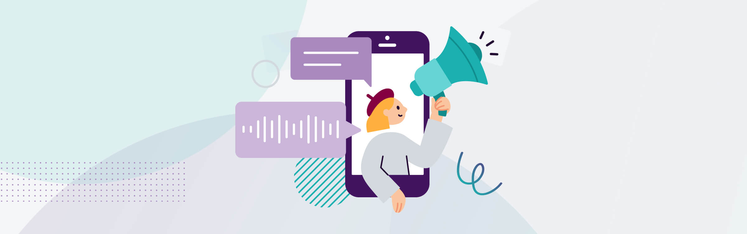 A person coming out of a mobile phone holding megaphone illustration.