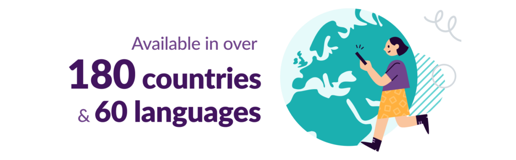 Image of a cartoon woman looking at her phone and text beside her states that WhatsApp is available in over 180 countries and 60 languages