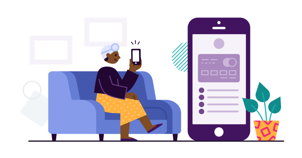 Cartoon woman with a head covering using mobile banking