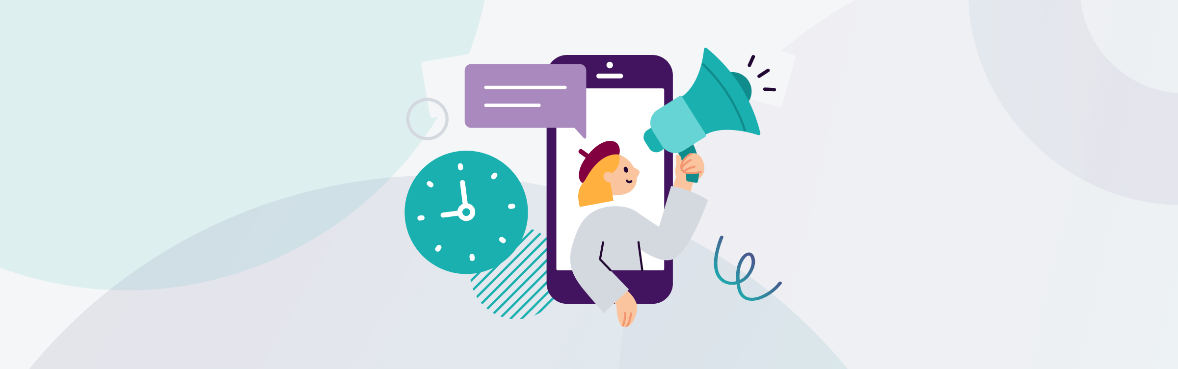 A person coming out of a mobile phone holding megaphone illustration.