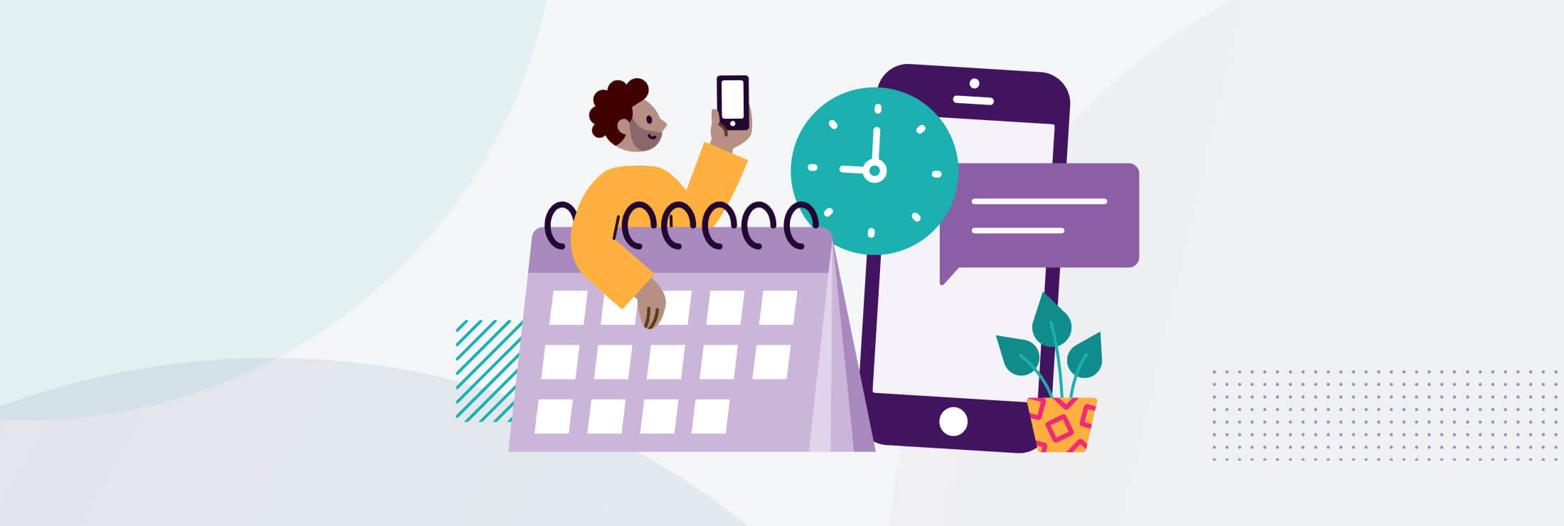 Person scheduling a message with a calendar, clock, and smartphone illustration.